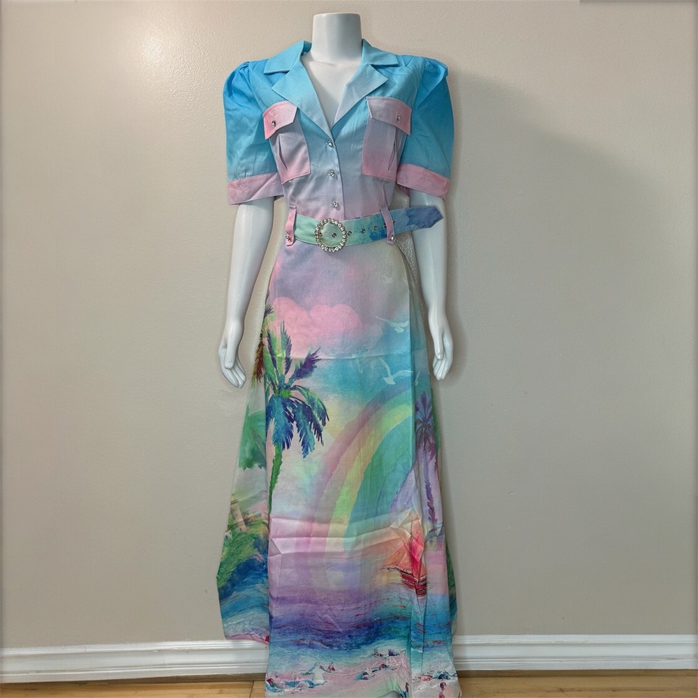 Blue pink ocean print short sleeve button down belted maxi dress